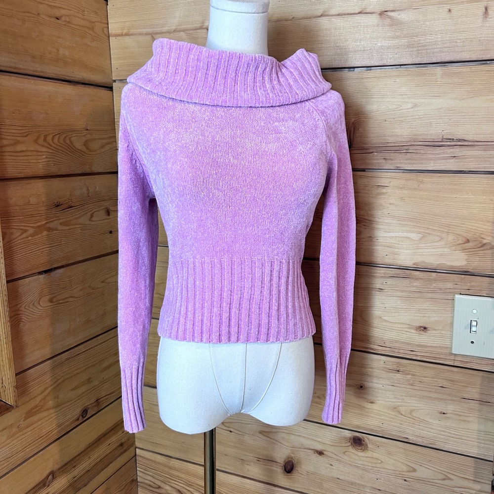 Vintage Chenille Velvet Cowl Neck Sweater Womens Large Lilac Y2K Plush WHO JEANS